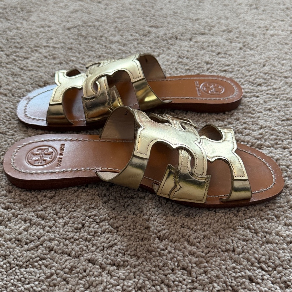 Tory Burch Anchor T Metallic Gold Slide Sandals - Picture 8 of 11